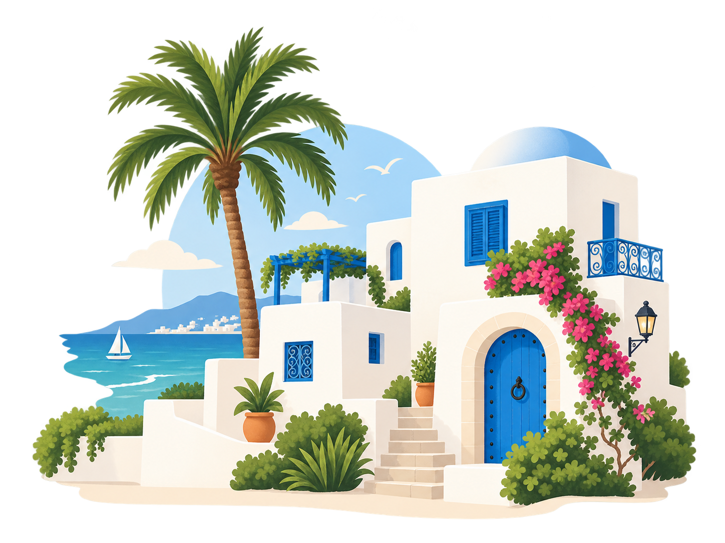 Illustration d’une maison tunisienne traditionnelle au bord de la mer